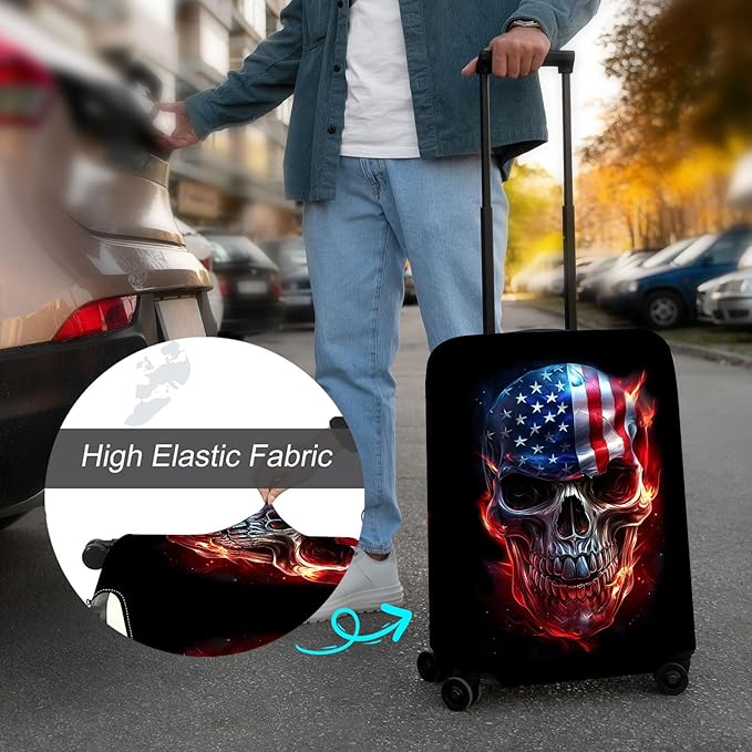 Luggage Cover Protector for 30-32 Inch Suitcases, TSA Approved Elastic Travel Suitcase Covers, Anti-Scratch Washable Luggage Sleeve for Carry On & Checked Bags, Skull American Flag