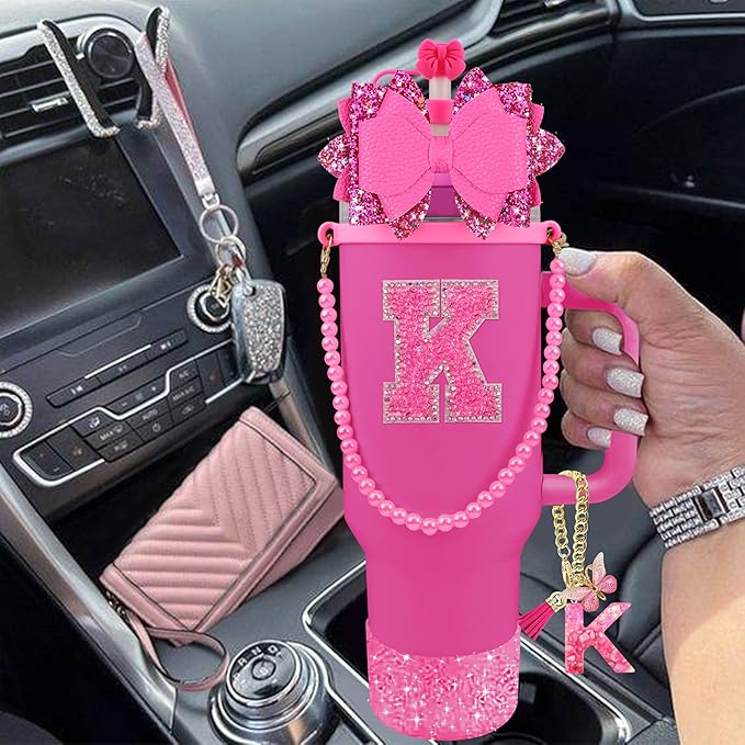 9PCS Hot Pink for Stanley Cup Accessories Set Bling Initials Bow Charms for Stanley Decorations 30/40 Oz Tumbler Accessories Including Bow Straw Topper, Handle Strap, Spill Stopper（Letter K）