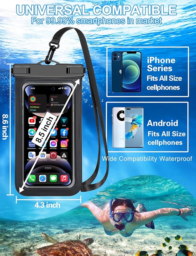 4 Pack Multicolor Universal Waterproof Phone Pouch, Large Phone Waterproof Case Dry Bag,Protection Level: IP68,Outdoor Sports for Apple iPhone,Samsung,and More,(Fits Up to 8.3”),Black,Blue,Pink,Orange