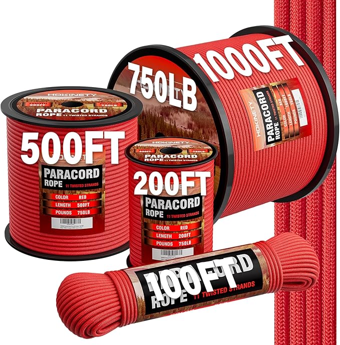Paracord Rope 750 - Parachute para Cord 4mm 11 Strand Spool Rope Utility Nylon String for Outdoor Camping Survival Utility Tent Crafting DIY Projects - Red 1000ft