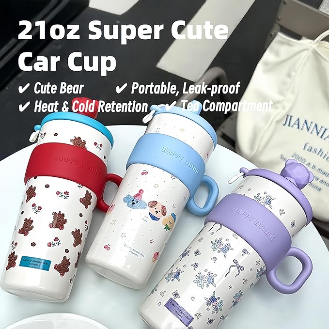 21oz Cute Bear Car Cup with Straw & Cap, Leak-Proof Portable Mug with Tea Strainer, Insulated for Hot/Cold - Ideal for Car, Office, Outdoor (Blue)