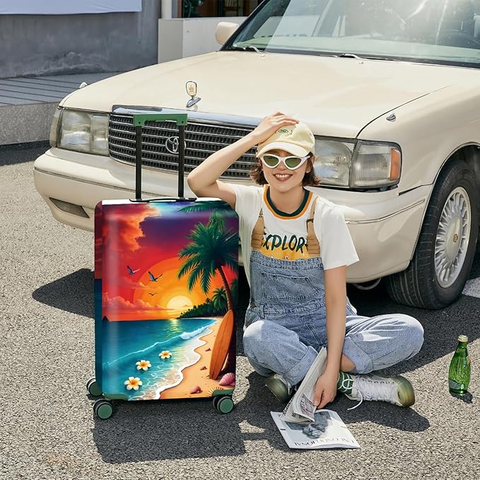 ANNA QUEEN Tropical Sunset Beach Luggage Cover,Stretchable Suitcase Protector Sleeve,Fit for 32-34 Inch Checked Baggage,Water Resistant & Durable Luggage Protector