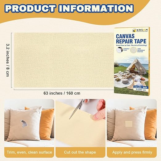 Canvas Repair Tape, 3.2 x 63 Inch Waterproof Heavy Duty Fabric Tape for Furniture, Self Adhesive Canvas Repair Patches for Boat Covers, Sofas, Tents, Louge Chairs, Canopy, Awning Black