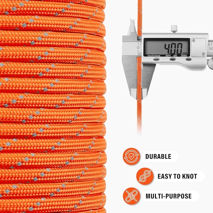 Reflective Paracord Rope 750 lb - 200ft 5/32" Parachute Cord 4MM 12-Strand para Cord - Heavy Duty Spool String for Survival,Camping Gear, Survival Bracelet, Clothesline - Orange