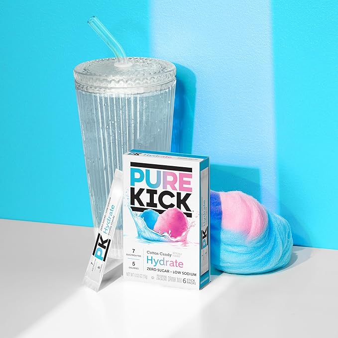 Pure Kick Hydration Singles To Go Drink Mix, Cotton Candy, Includes 12 Boxes with 6 Packets in each Box, 72 Total Packets
