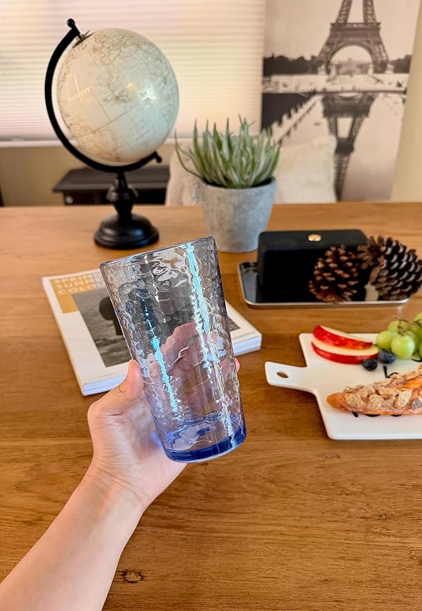 KLIFA- NICE- 20 ounce, Set of 6, Acrylic Highball Drinking Glasses, BPA-Free, Stackable Plastic Drinkware, Dishwasher Safe Cups, Blue