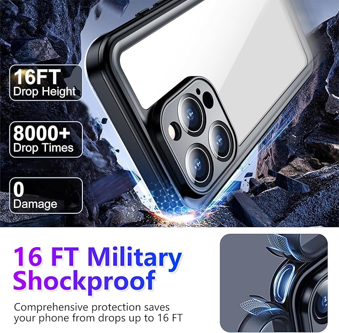 Temdan Compatible with iPhone 16 Pro Case Waterproof, Built-in Screen & Camera Protector IP68 Underwater Full Body 16FT Military Dropproof Shockproof Phone Case 6.3"-Purple/Clear