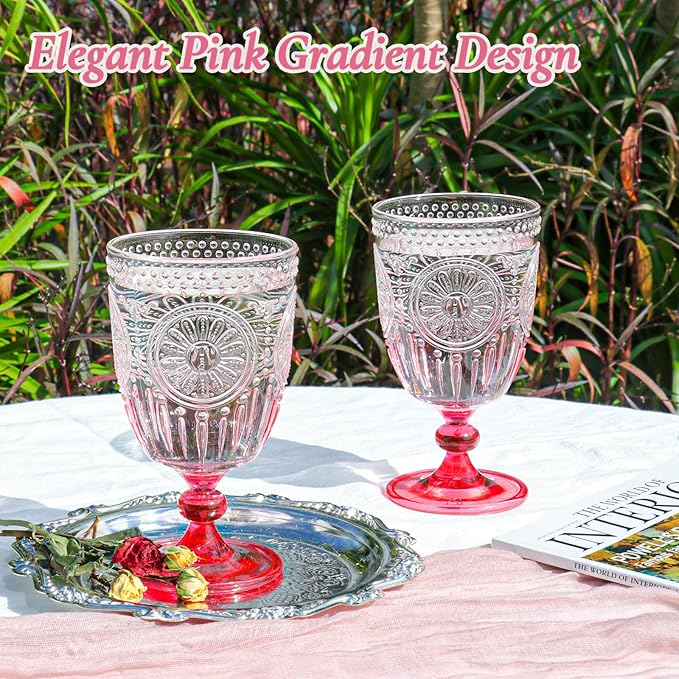 XUWAIDSGN 24Pcs Plastic Vintage Wine Glasses 13.5oz Reusable Embossed Goblet Glasses Pink Gradient Retro Wine Glassware Unbreakable Stemmed Champagne Water Cups for Wine Cocktail Juice Wedding