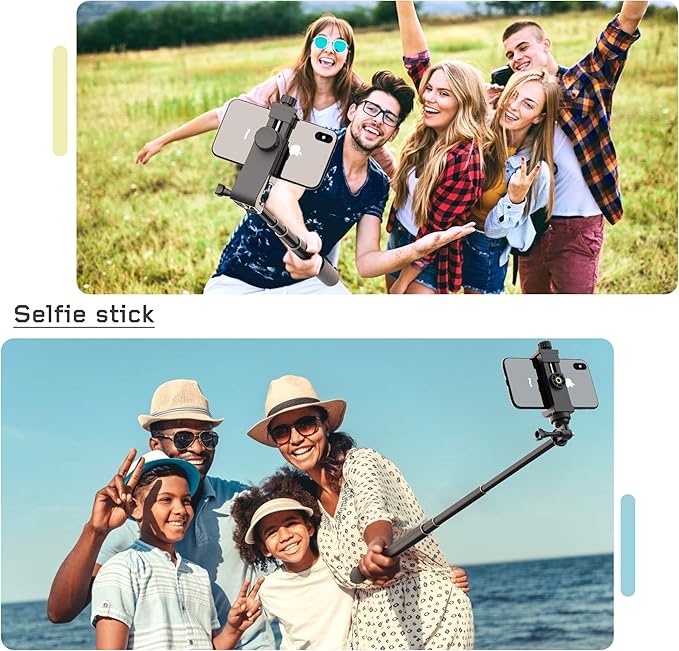 Universal Phone Tripod Mount Adapter with Ｗireless Camera Remote and LED Light, Cell Phone Holder with Adjustable Clamp for Selfie Stick Monopod for iPhone, Samsung Wrist Strap Included