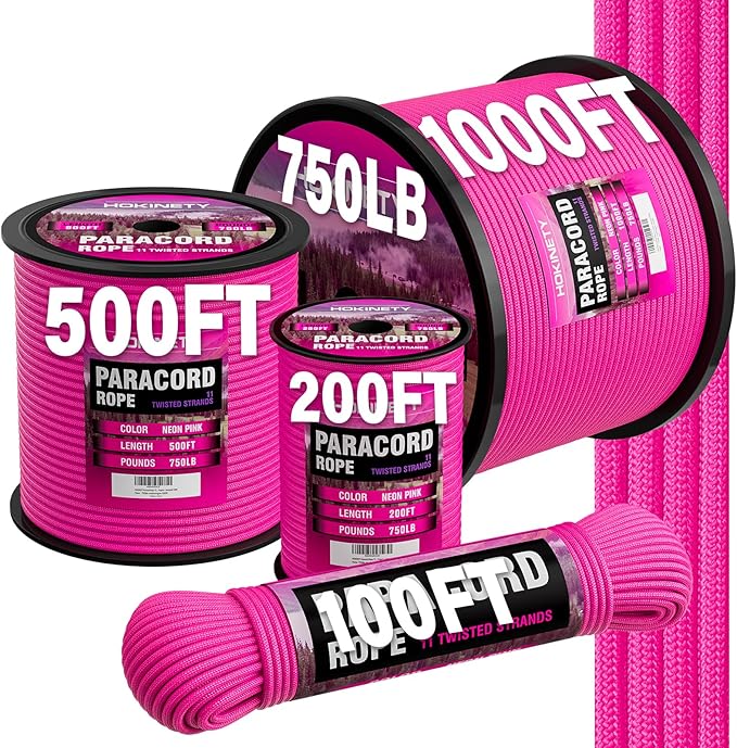 Paracord Rope 750 - Parachute para Cord 4mm 11 Strand Spool Rope Utility Nylon String for Outdoor Camping Survival Utility Tent Crafting DIY Projects - Neonpink 200ft