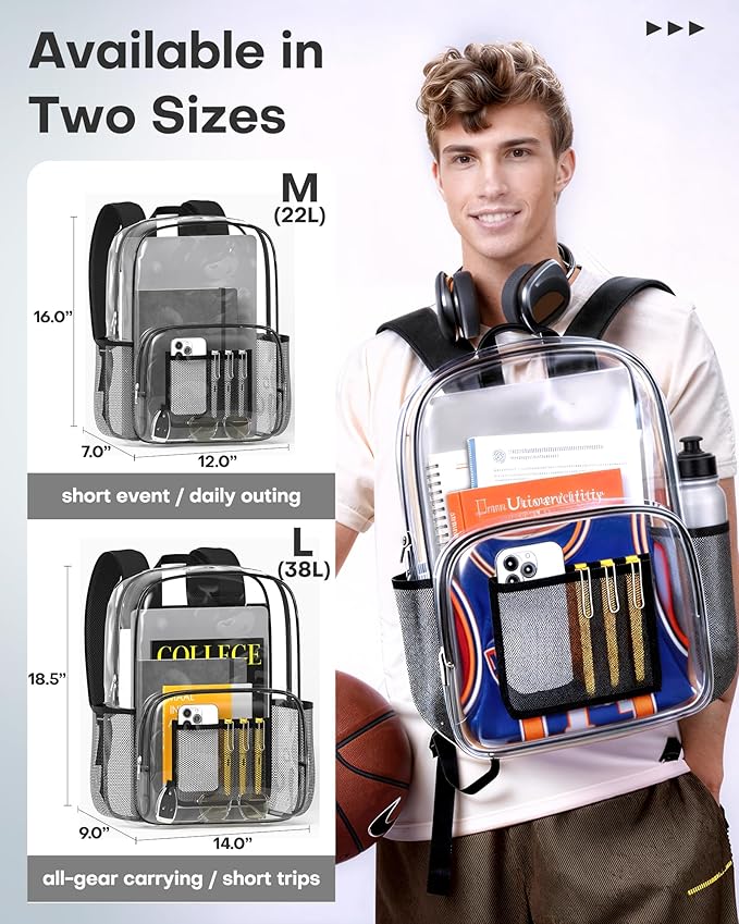 HOTOR Clear Backpack - Multi-Pocket Bookbag, Cold-Resistant PVC Waterproof Work Bag & College Backpack with Padded Shoulder Straps for Travel, Festival, 16.0" x 12.0" x 7.0", Black