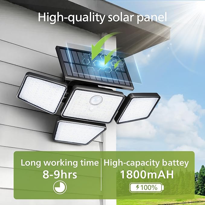 Philips Solar Security Light Outdoor, 196 LED Wall-Mounted Flood Light w/PIR Motion Sensor, 3 Modes, 4 Adjustable Heads Solar-Powered Floodlights with Remote Control, IP65 Waterproof 2PK