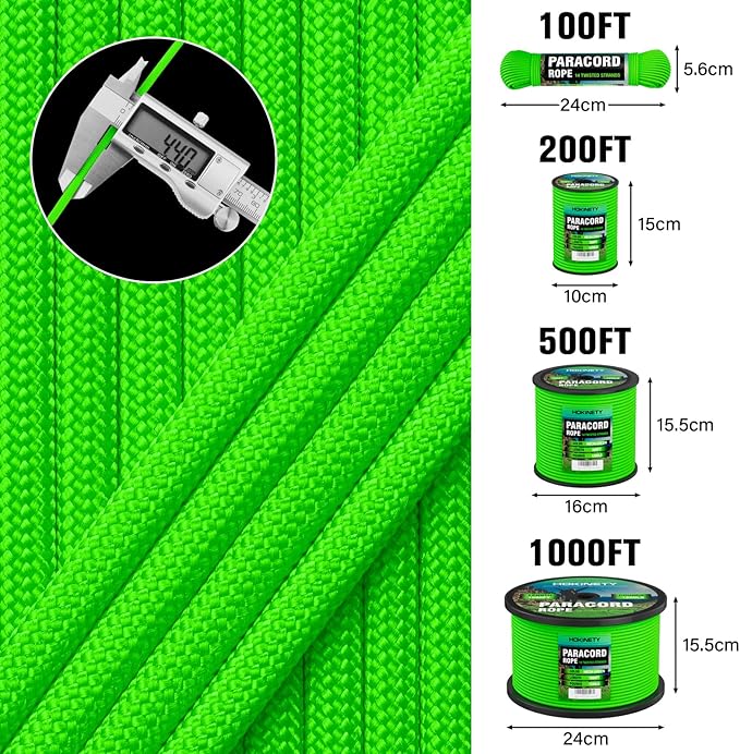 1200 Paracord Rope - 4.4mm 14 Strand Nylon Parachute Spool para Cord Lanyard for Outdoor Camping Survival Utility Tent Crafting DIY Projects Fishing Clothsline Bracelet - Neongreen 500FT
