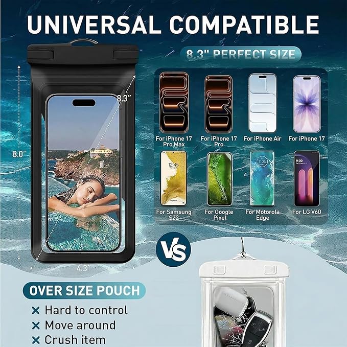 Waterproof Phone Pouch, with Interior Card Pocket, Large Waterproof Phone Case for iPhone 17 16 15 14 Pro Max, IPX8 Lightweight Cellphone Dry Bag, Beach Cruise Ship Essential,1 Pack-Black-8.3″
