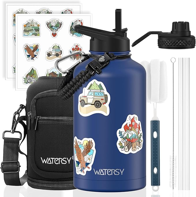 64oz Insulated Water Bottle (Cold for 48 Hrs),BPA Free&Leak Proof,Half Gallon Stainless Steel Water Flask,Water Jug with Straw Spout Lids for Gym,Hiking,Camping,Deep Blue