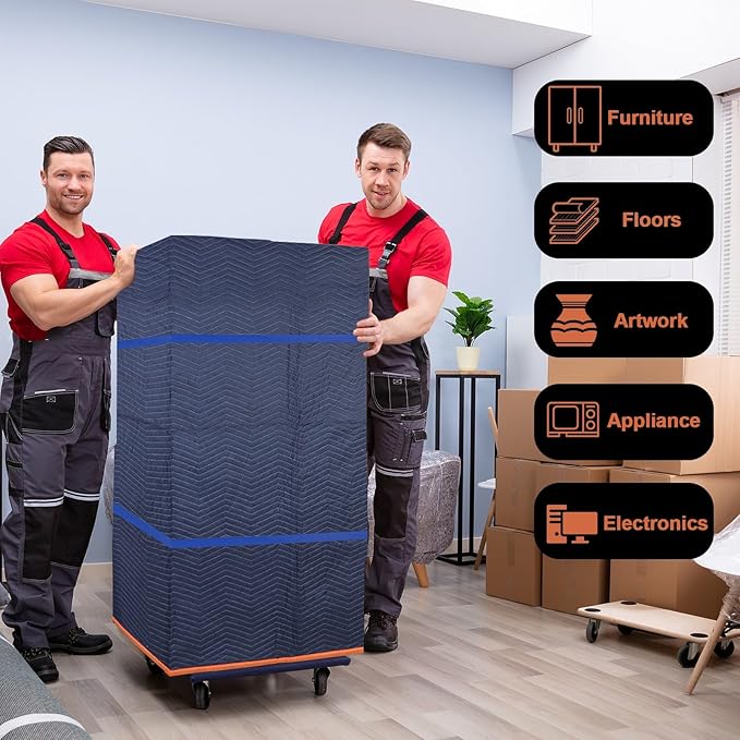 1 Moving Blankets 72x80in with 1 Elastic Rubber Band (196in Extendable to 400in) – Durable Quilted Moving Blanket-Heavy Duty Shipping Blankets (Total Weight 4.4 lbs,Black/Blue)
