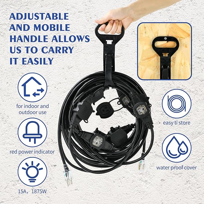 50FT 16 Gauge Outdoor Extension Cord,7 Spaced Outlet Cable.Multi Outdoor Evenly-Spaced Plugs,Power Cord Splitter,Ideal for Holiday Decoration and Christmas Light,ETL Listed