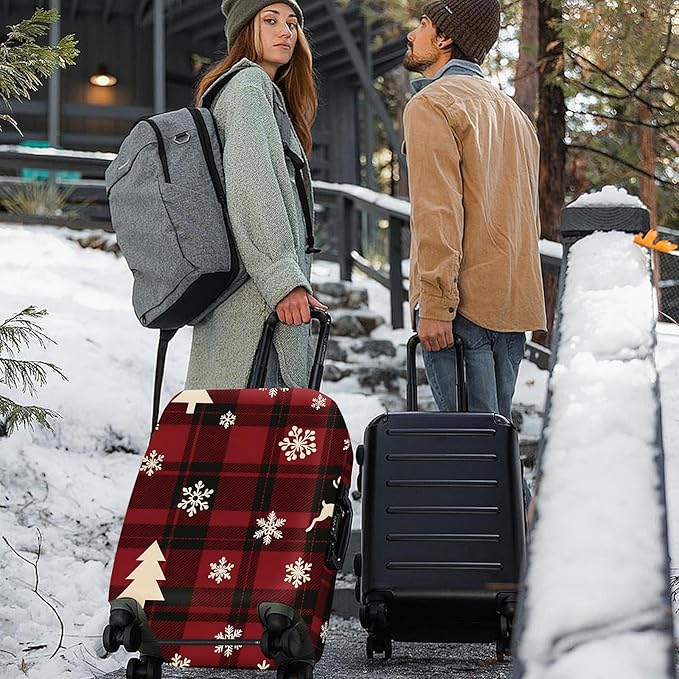ANNA QUEEN Christmas Plaid Luggage Cover, Red and Black Check Suitcase Protector with Snowflake and Tree Pattern, Stretchable Washable Travel Sleeve for 32-34 Inch Luggage