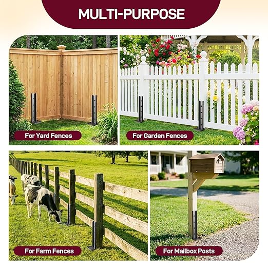 Goovilla Fence Post Repair Kit, 2Pcs Heavy Duty Fence Post Anchor Ground Stakes, Robust Quick-Fix Wood Support for Broken/Leaning/Tilted/Degraded Wood with Gloves/Installation, Easy to Install,Black