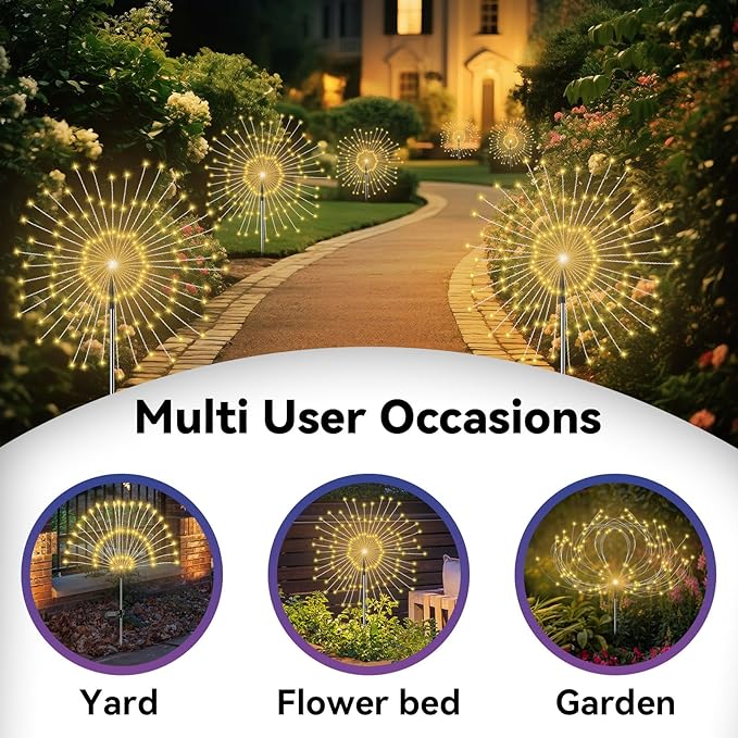Garden Outdoor Lights, 4 Pack 120 LED Solar Garden Lights Fairy Lights Outdoor Waterproof Decorative Solar Firework Lights for Yard Patio Pathway Flowerbed Party Wedding Decor, Warm White