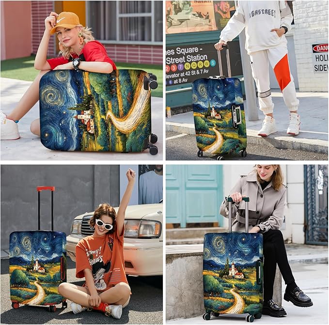 ANNA QUEEN Starry Night Landscape Luggage Cover, Artistic Oil Painting Style Suitcase Protector for 20-22 Inch Bags