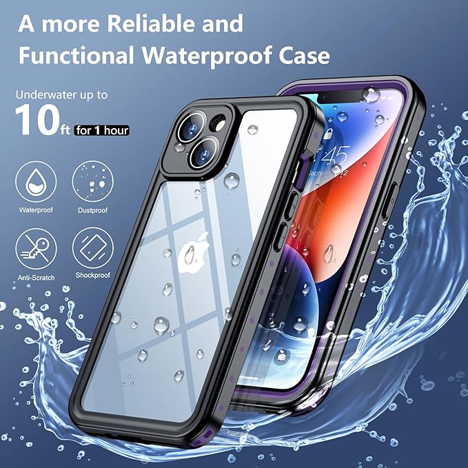 SPIDERCASE for iPhone 14 Case Waterproof, Built-in Lens & Screen Protector, Full Heavy Duty Protection, 12FT Military Shockproof, Dustproof, Anti-Scratched Phone Case,Purple
