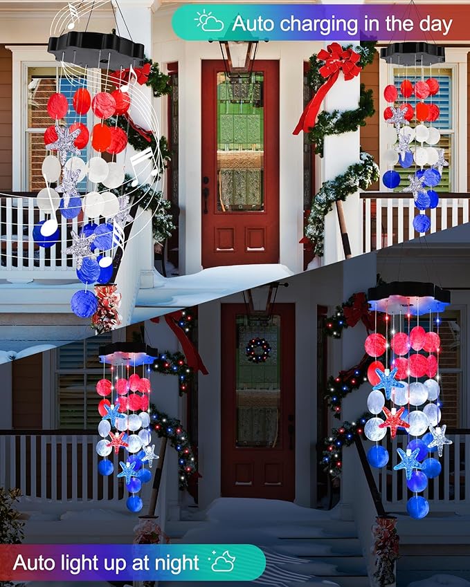 Toodour Solar Decorative Lights Outdoor, Red White Blue Shells Lights Gifts for Mom Grandma Women Wife Girls, Solar Wind Chimes Outside Decorative Mobile Light for Garden Porch Yard Window Decor