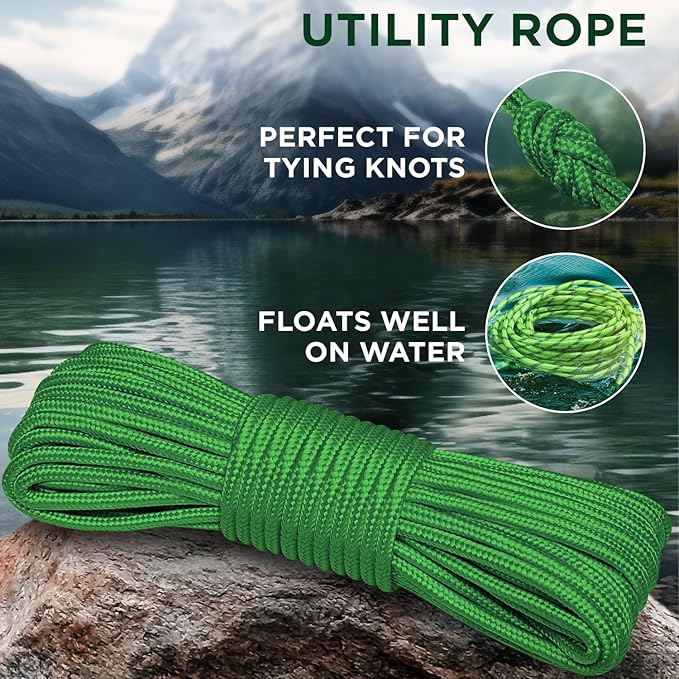 TECEUM Rope – 90 Feet x 3/8 Inch (10mm) – Green – Strong All-Purpose Utility Rope – Camping, Crafting, Flag Pole, Indoor & Outdoor – Polypropylene Nylon Poly Lightweight Diamond Braided Cord