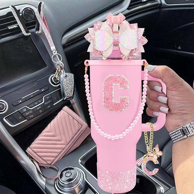 9PCS Pink for Stanley Cup Accessories Set Bling Initials Bow Charms for Stanley Decorations 30/40 Oz Tumbler Accessories Including Bow Straw Topper, Handle Strap, Spill Stopper（Letter C）