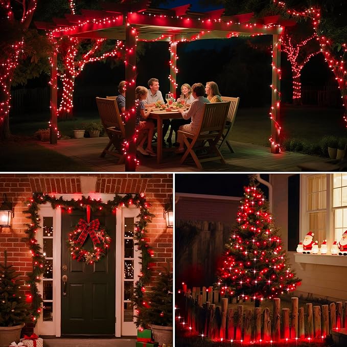btfarm 4 Pack Solar String Lights Outdoor - 320LED 132FT Solar Fairy Lights Outside Waterproof 8 Modes, Copper Wire Solar Powered Twinkling Lights for Tree Garden Christmas Wedding Party Decor, Red