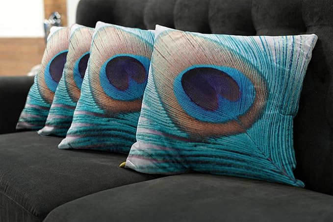 Ambesonne Feather Throw Pillow Cushion Case Pack of 4, Close up Pattern of Peacock Fluff in Vibrant Tones Natural Wildlife Theme Print, Modern Accent Double-Sided Digital Printing, 24", Aqua Cream