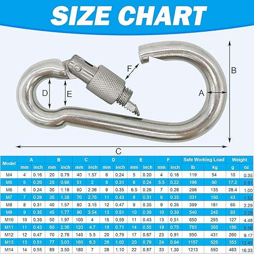 304 Stainless Steel Carabiners -4 inch Heavy Duty, Durable & Rust-Free Clips for Gym, Swing, Dog Leashes, Hammocks, Keychains, and More(304,M10 with Screw,Pack of 2)
