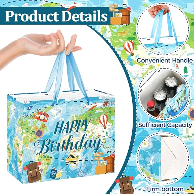 Travel World Map Birthday Gift Bag Double-Sided Let the Adventure Begin Gift Wrapping Paper Bag with Card Tissue Paper for Travel Birthday Baby Shower Graduation Retirement Farewell Family Party