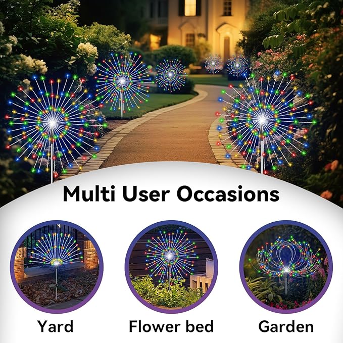 Garden Outdoor Lights, 4 Pack 120 LED Solar Garden Lights Fairy Lights Outdoor Waterproof Decorative Solar Firework Lights for Yard Patio Pathway Flowerbed Party Wedding Decor, Multicolor