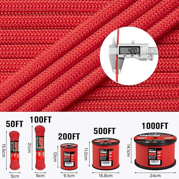 Paracord Rope 550 lb - 1000ft 5/32" Parachute Cord 4MM 7-Strand para Cord - Heavy Duty Spool String for Survival,Camping Gear, Survival Bracelet, Clothesline - Red