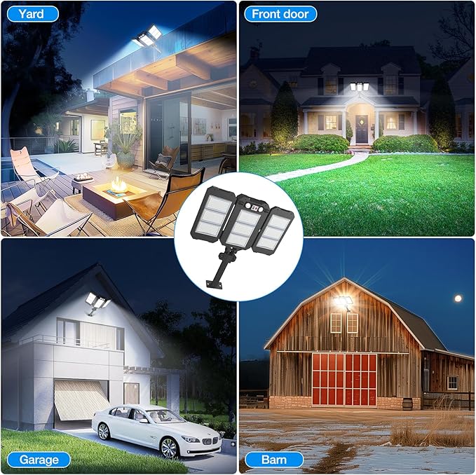 Solar Lights Outdoor, 7000 LM Super Bright Dual Motion Sensor Lights, Aluminum Arm 3 Heads Dusk to Dawn LED Outdoor Flood Lights, IP65 Waterproof Solar Security Light with 3 Modes Yard Street-2 Pcs