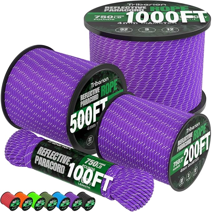 Reflective Paracord Rope 750 lb - 100ft 5/32" Parachute Cord 4MM 12-Strand para Cord - Heavy Duty Spool String for Survival,Camping Gear, Survival Bracelet, Clothesline - Purple