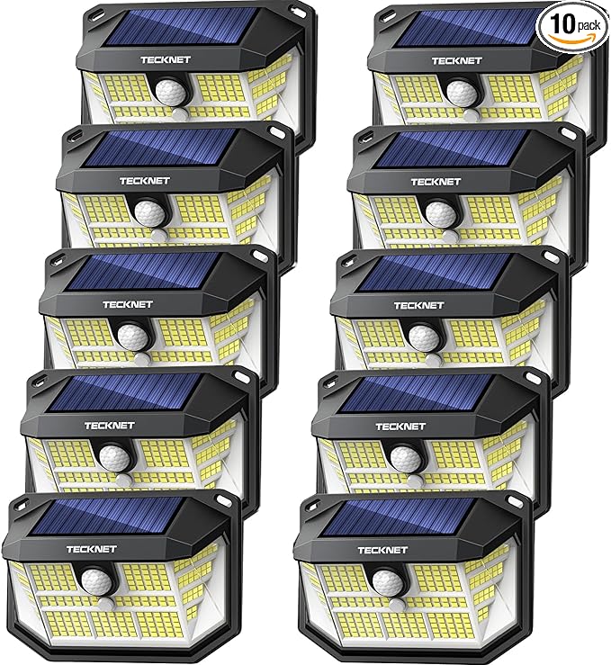 TECKNET 231 LED Solar Motion Lights Outdoor Waterproof, 10 Pack 300° Angle & 3 Lighting Modes PIR Motion Sensor Security Solar Wall Lights IP65 for Fence Front Door Yard Deck Garden Garage