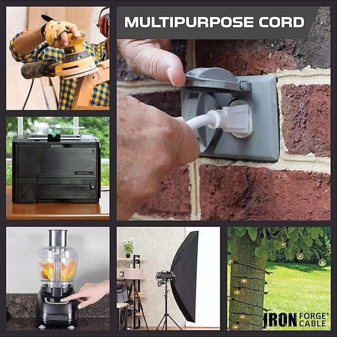 Iron Forge Cable Weatherproof 15 Ft Outdoor Extension Cord - 16/3 SJTW Heavy Duty White Extension Cord 15ft 3 Prong - 13 Amp Exterior Power Cable