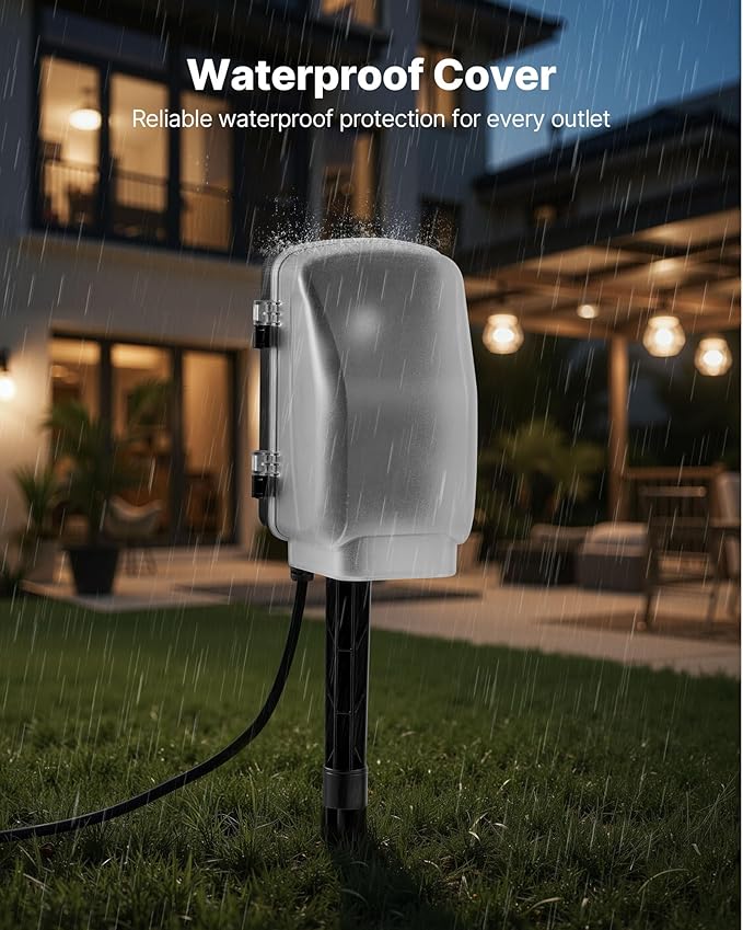 VEVOR Outdoor Power Stake Waterproof, 25 FT Extension Cord, Outdoor Power Strip, Weatherproof with Cover and Overload Protection, 6 Outlets, 15A/1875W for Halloween/Christmas Lights Decorations