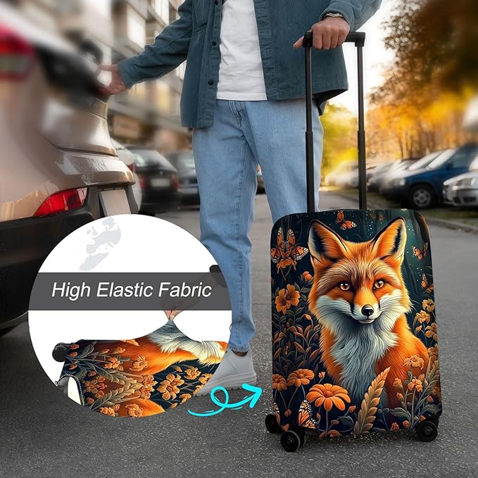 Luggage Cover Protector for 30-32 Inch Suitcases, TSA Approved Elastic Travel Suitcase Covers, Anti-Scratch Washable Luggage Sleeve for Carry On & Checked Bags, Fox Flowers