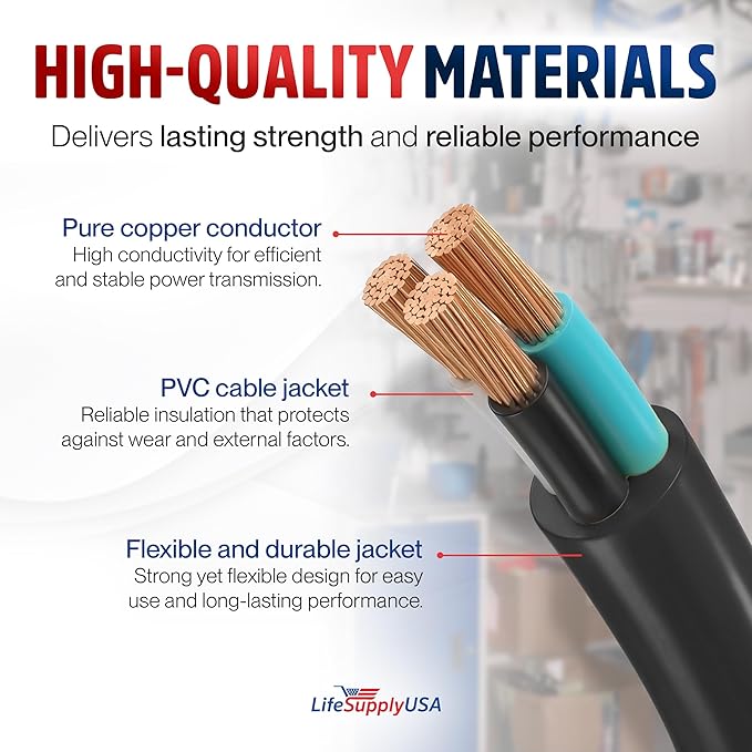 6ft Outdoor/Indoor Extension Cord 10/3 Gauge Ultra Heavy Duty 3 Prong SJTW, Waterproof, Flexible Cold-Resistant Long Power Cord,125 Amp 1875W, Black by LifeSupplyUSA