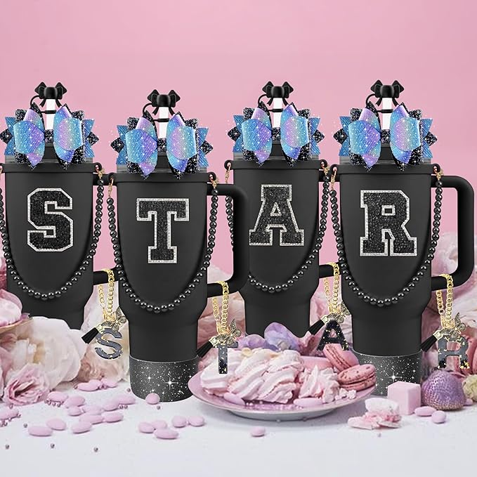 9PCS Black for Stanley Cup Accessories Set Bling Initials Bow Charms for Stanley Decorations 30/40 Oz Tumbler Accessories Including Bow Straw Topper, Handle Strap, Spill Stopper（Letter T）