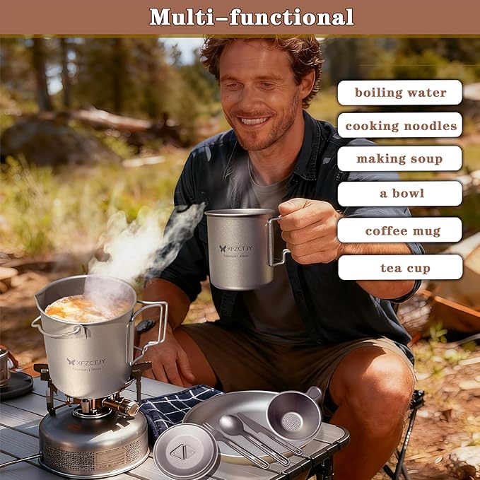 750ml Ultralight Titanium Camping Pot With Lid Spork,With Foldable Handle Detachable Bail For Backpacking, Hiking Mountaineering