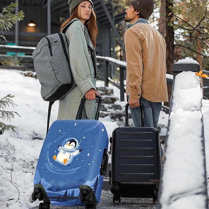ANNA QUEEN Astronaut Penguin Luggage Cover, Cute Space Penguin Design Suitcase Protector, Washable Stretchable Travel Sleeve for 28-30 Inch Luggage