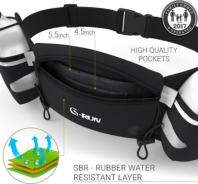 Q-RUN Hydration Running Belt with 2 x 10oz Water Bottles, No Bounce Adjustable Waist Belt for Men & Women, Marathon Running Gear