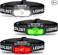 HOKOILN 3-Pack LED Headlamp Rechargeable with Green & Red Light -1300 Lumen Ultra-Bright Flashlight Headlight for Camping, Running, Hiking, Fishing - Waterproof with 7 Modes