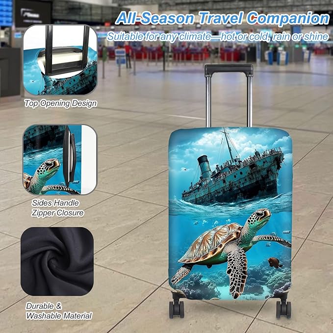 Luggage Cover Protector for 19-20 Inch Suitcases, TSA Approved Elastic Travel Suitcase Covers, Anti-Scratch Washable Luggage Sleeve for Carry On & Checked Bags, Majestic Sea Turtle