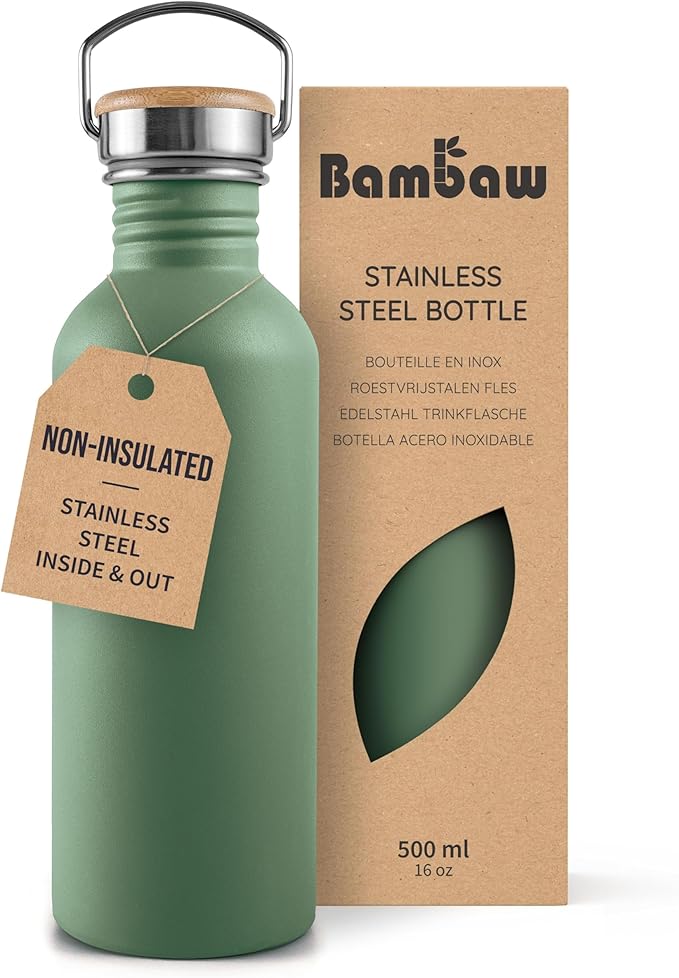 Bambaw Stainless Steel Water Bottle, 500 ml, Green Water Bottle, Non-Insulated Sports Bottle, Children's Metal Bottle, Bicycle Bottle, BPA-Free – Sage Green