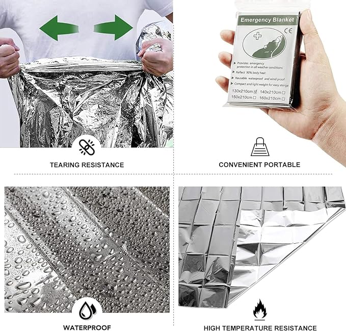 Emergency Foil Blanket (Pack of 50), Survival Thermal Mylar Blankets Individually Packaged Perfect for Outdoors, Hiking, Marathons or First Aid
